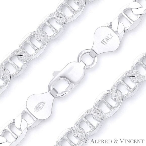 9mm Marina / Mariner Pave Link Chain Necklace in .925 Sterling Silver - 24